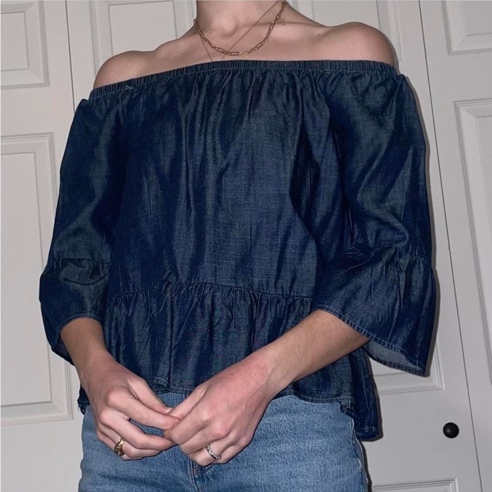 Navy Off the Shoulder Top with Bell Sleeves